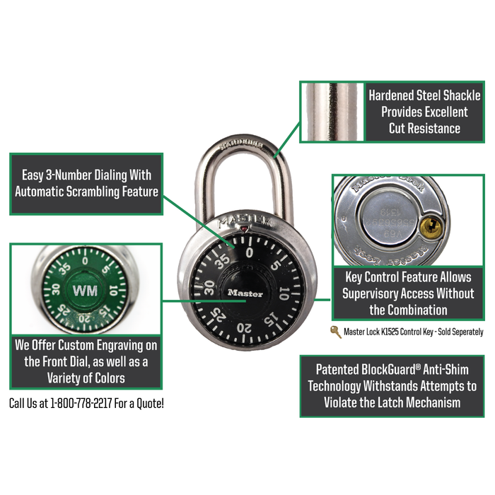 Master Lock 1525 General Security Combination Padlock with Key Control Feature and Colored Dial 1-7/8in (48mm) Wide-1525-Master Lock-HodgeProducts.com