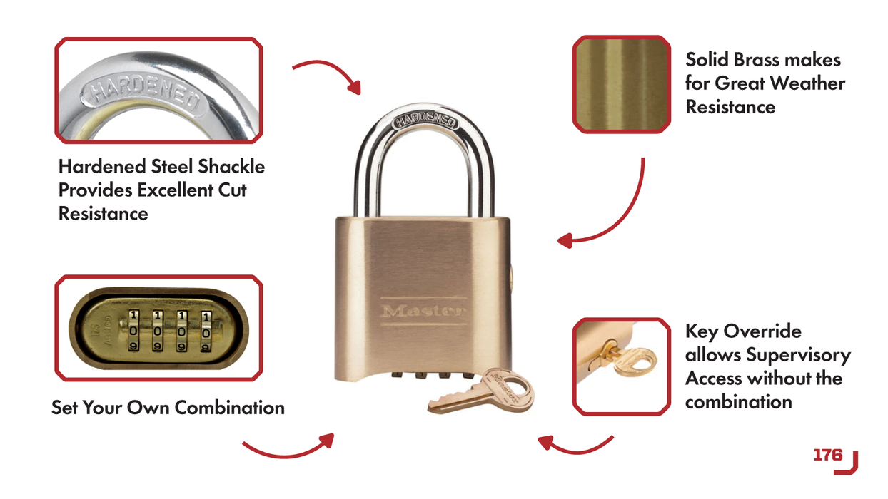 Master Lock 176 Resettable Combination Brass Padlock, Supervisory Key Override 2in (51mm) Wide