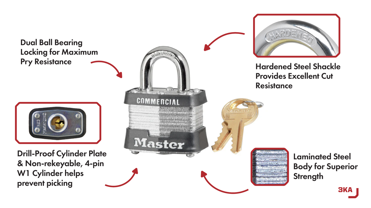 Master Lock 3 Laminated Steel Padlock 1-9/16in (40mm) Wide