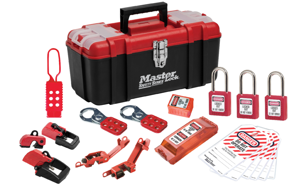 Master Lock 1457E410KABAS Lockout Toolbox with Basic Electrical Device Assortment and three Zenex™ Thermoplastic Padlocks