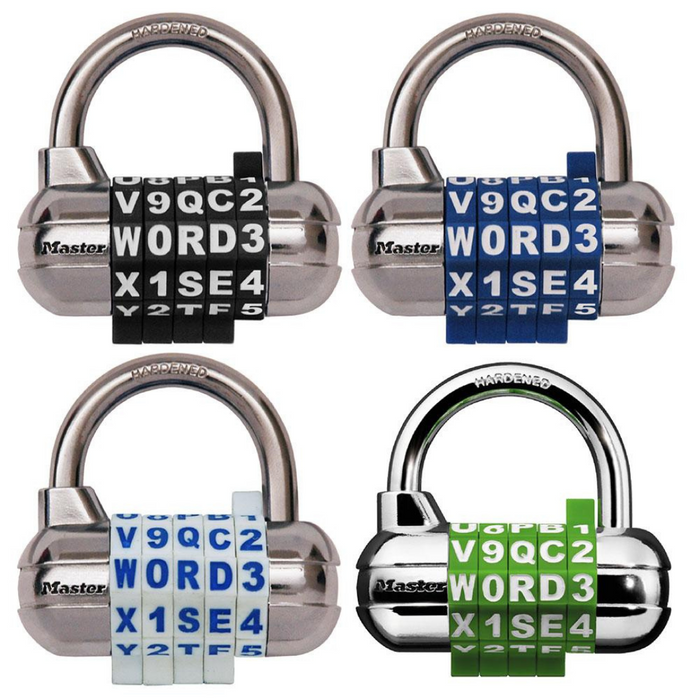 Master Lock 1534D Set Your Own WORD Combination Padlock with Interchangeable, Removable Dials; Assorted Colors 2-1/2in (64mm) Wide (Pack of 4)