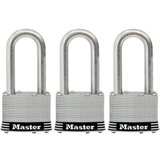 Master Lock 1SSTRI 1-3/4in (44mm) Wide Laminated Stainless Steel Padlock with 2in (51mm) Shackle; 3 Pack-Keyed-Master Lock-1SSTRILH-HodgeProducts.com
