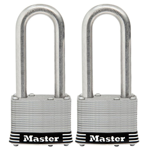 Master Lock 5SST 2in (51mm) Wide Laminated Stainless Steel Padlock with 2-1/2in (64mm) Shackle; 2 Pack-Keyed-Master Lock-5SSTLJ-HodgeProducts.com