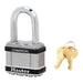 Master Lock M5 Commercial Magnum Laminated Steel Padlock with Stainless Steel Body Cover 2in (51mm) Wide-Keyed-Master Lock-Keyed Alike-1-1/2in (38mm)-M5KALFSTS-HodgeProducts.com