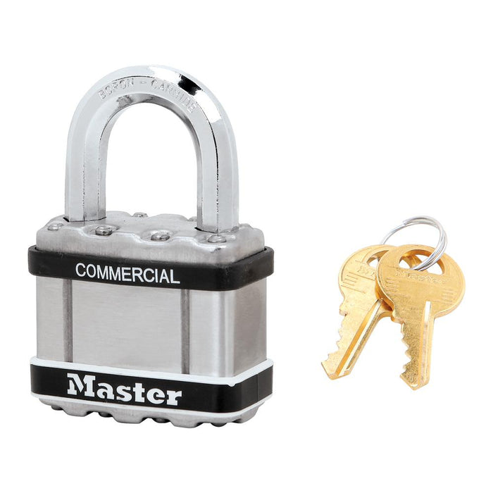 Master Lock M5 Commercial Magnum Laminated Steel Padlock with Stainless Steel Body Cover 2in (51mm) Wide-Keyed-Master Lock-Keyed Alike-1in (25mm)-M5KASTS-HodgeProducts.com
