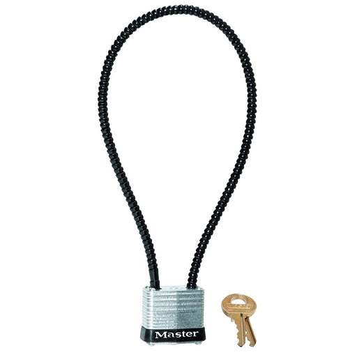 Master Lock 107DSPT 14in (35cm) Long x .22in Diameter (5.6mm) Braided Steel Cable Gun Lock with 1-1/8in (29 mm) Wide Laminated Steel Padlock; Keyed Different-Keyed-Master Lock-107DSPT-HodgeProducts.com