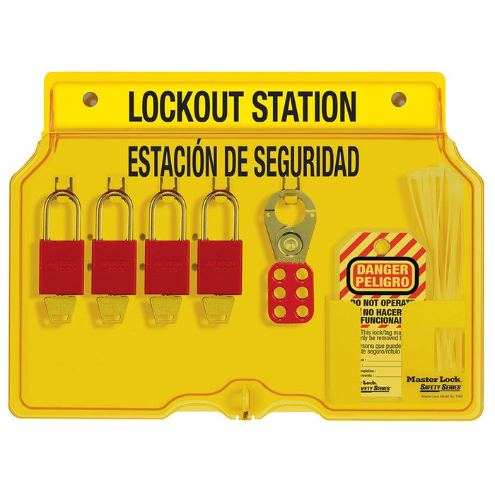 Master Lock 1482BP1106ES 4-Lock Padlock Station, English/Spanish, Anodized Aluminum Padlocks-Keyed-Master Lock-1482BP1106ES-HodgeProducts.com