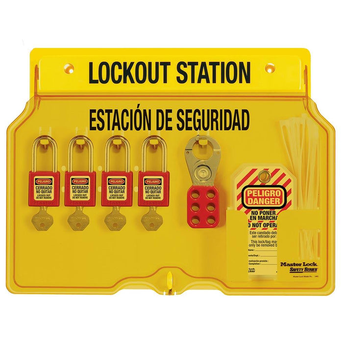 Master Lock 1482BP410ES 4-Lock Padlock Station, English/Spanish, Zenex™ Thermoplastic Padlocks-Keyed-Master Lock-1482BP410ES-HodgeProducts.com