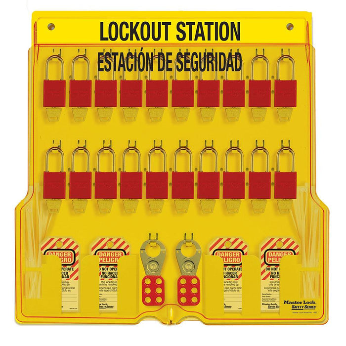 Master Lock 1484BP1106ES 20-Lock Padlock Station, English/Spanish, Anodized Aluminum Padlocks-Keyed-Master Lock-1484BP1106ES-HodgeProducts.com