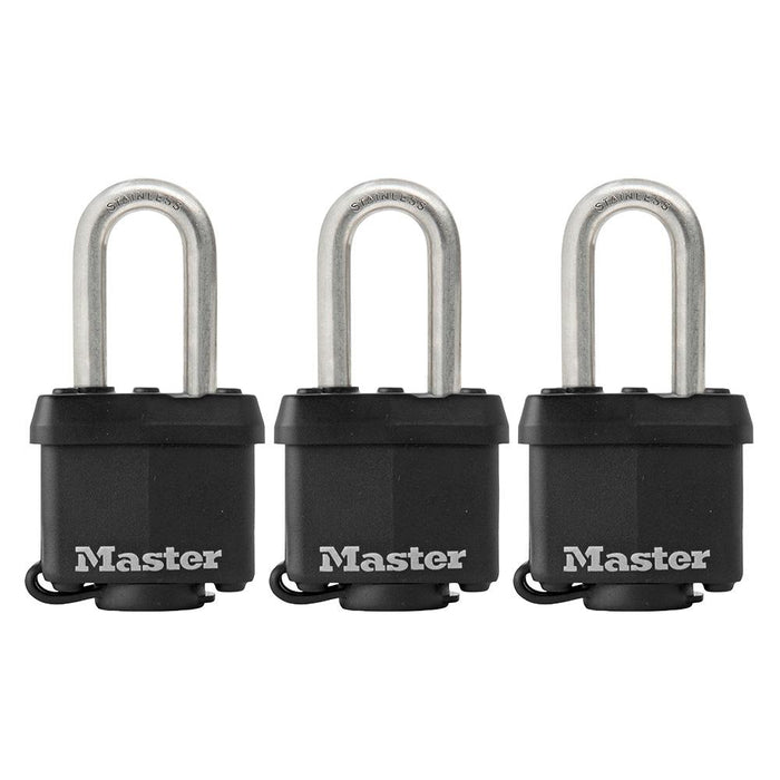 Master Lock 311SSTRI 1-9/16in (40mm) Wide Covered Stainless Steel Padlock with 1-1/2in (38mm) Shackle; 3 Pack; Black-Keyed-Master Lock-311SSTRILF-HodgeProducts.com