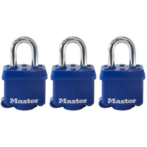 Master Lock 312TRI Covered Laminated Steel Padlock; Blue; 3 Pack 1-9/16in (40mm) Wide-Keyed-Master Lock-312TRI-HodgeProducts.com