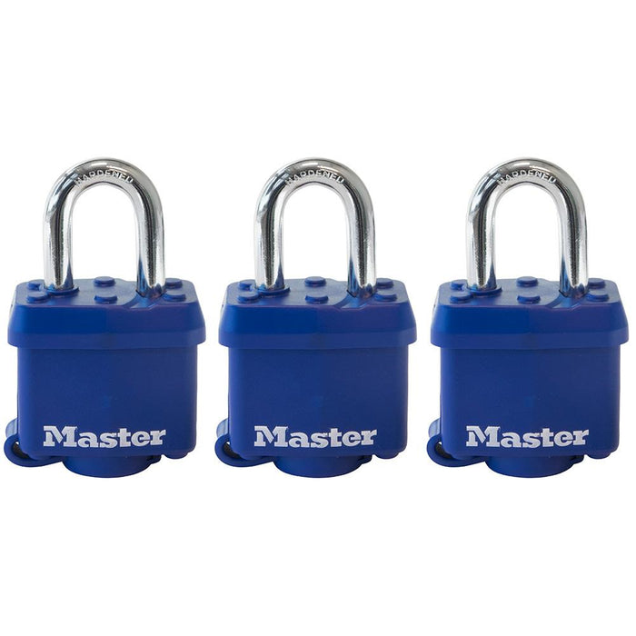 Master Lock 312TRI Covered Laminated Steel Padlock; Blue; 3 Pack 1-9/16in (40mm) Wide-Keyed-Master Lock-312TRI-HodgeProducts.com
