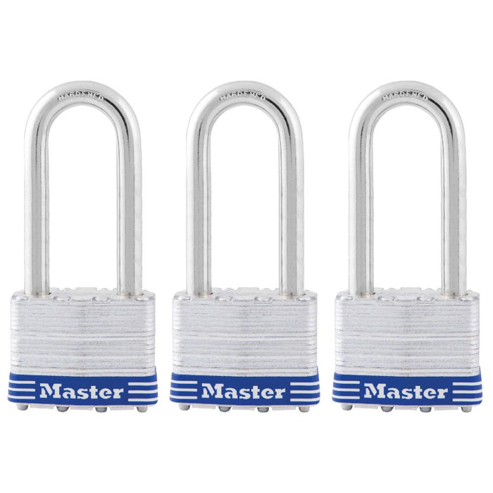 Master Lock 5TRI 2in (51mm) wide laminated steel padlock, 2-1/2in (64mm) shackle, 3-pack-Keyed-Master Lock-5TRILJ-HodgeProducts.com