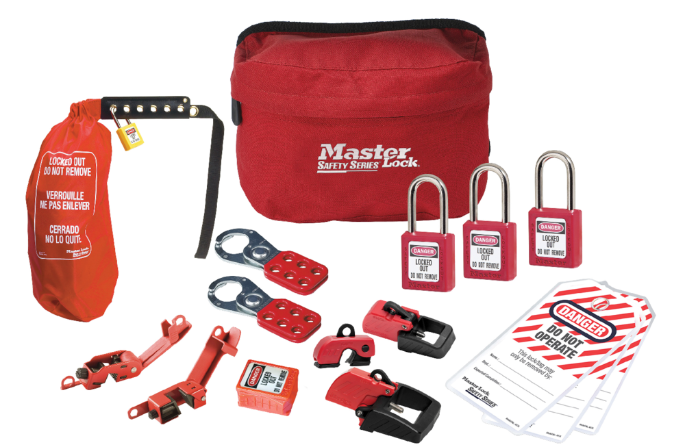 Master Lock S1010E410KAPRE Lockout Pouch with Premier Electrical Device Assortment and three Zenex™ Thermoplastic Padlocks