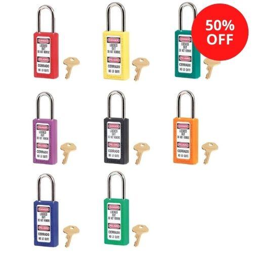 Master Lock 411AST Multicolored 8-Pack of Zenex™ Thermoplastic Safety Padlock, 1-1/2in (38mm) Wide with 1-1/2in (38mm) Tall Shackle-Keyed-Master Lock-411AST-HodgeProducts.com